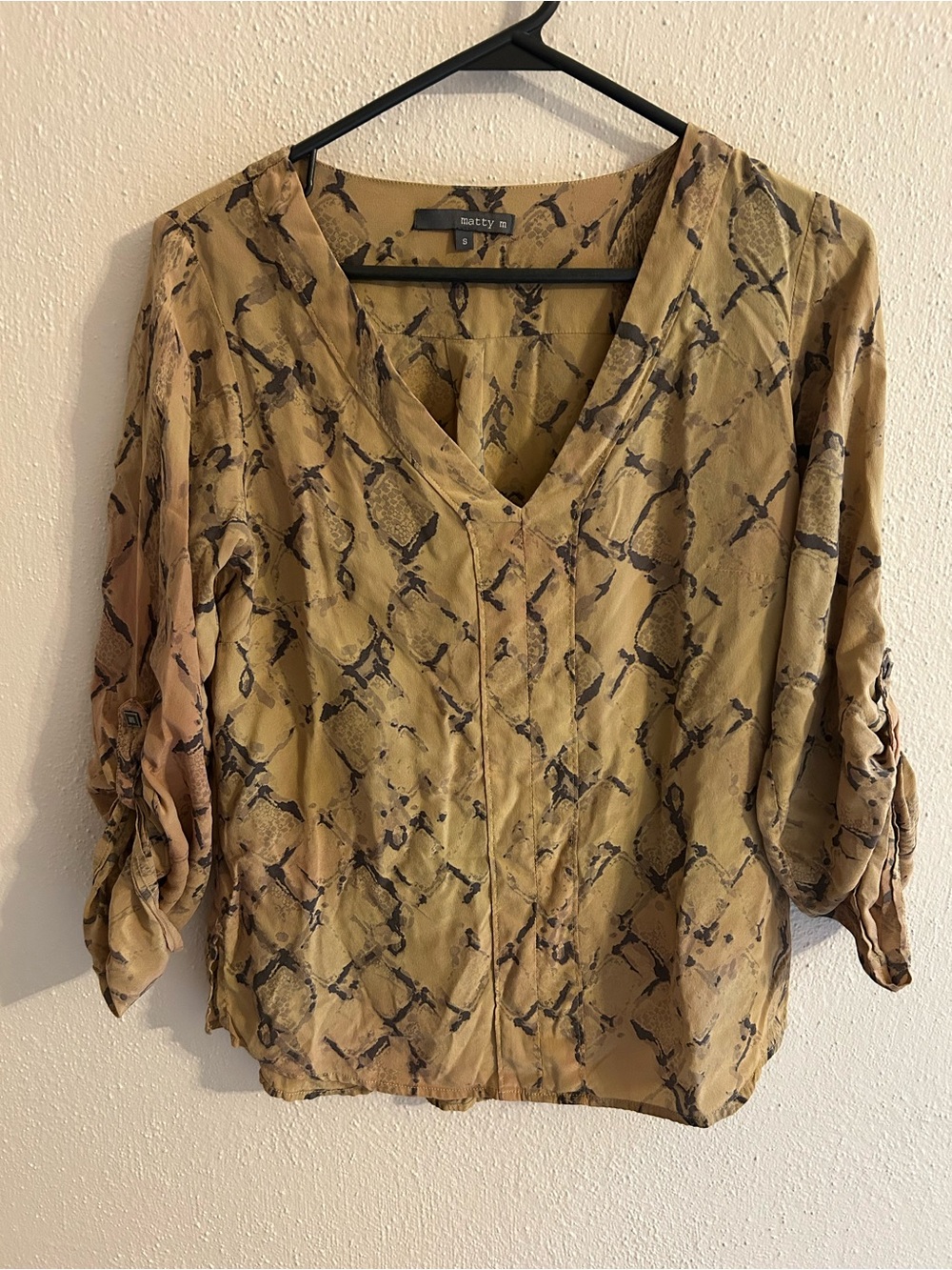 Matty M 100% Silk Snake-Print V-Neck Roll-Tab Top